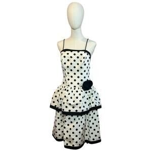 VTG 80s Stop Staring! Polka Dot B&W Medium Tiered Drop Waist Dress Rockabilly